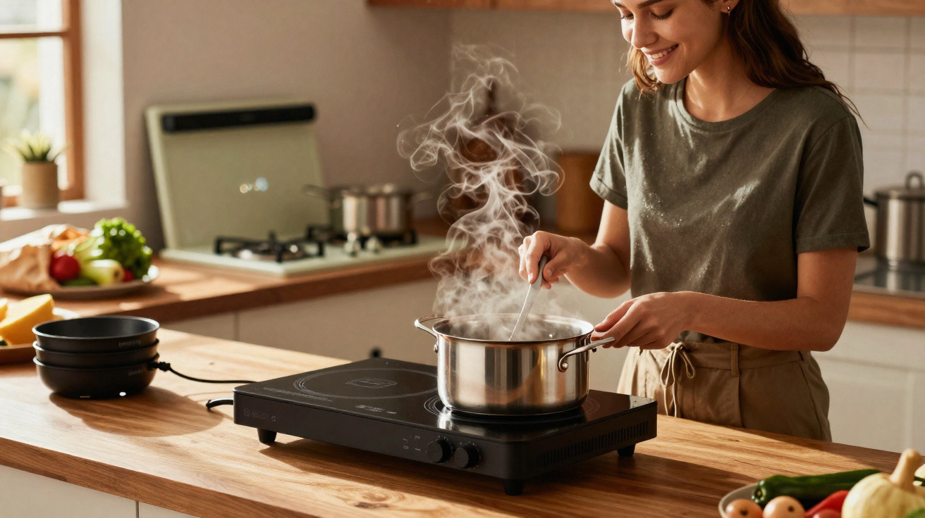 Mulher sorridente a cozinhar e mexer uma panela em fogão portátil numa cozinha moderna e iluminada.