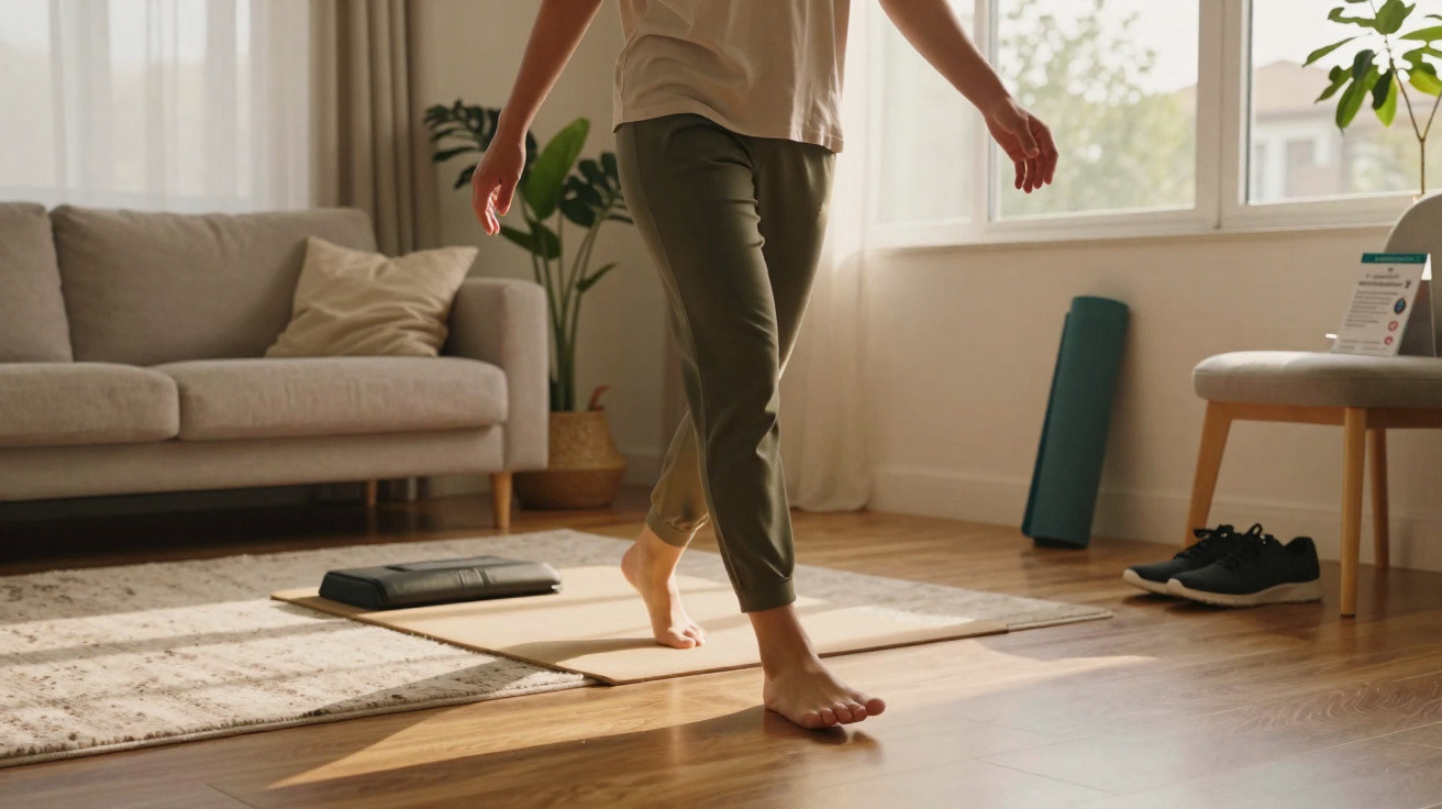 Pessoa descalça a caminhar numa sala de estar luminosa com sofá, tapete e acessórios de yoga.