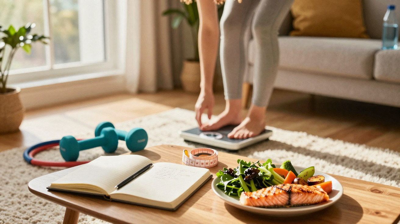 Pessoa a pesar-se numa balança em casa, com legumes e salmão, halteres, fita métrica e caderno numa mesa.