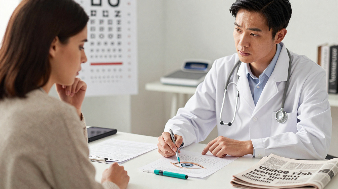Médico a explicar exame oftalmológico a paciente numa consulta num consultório clínico.