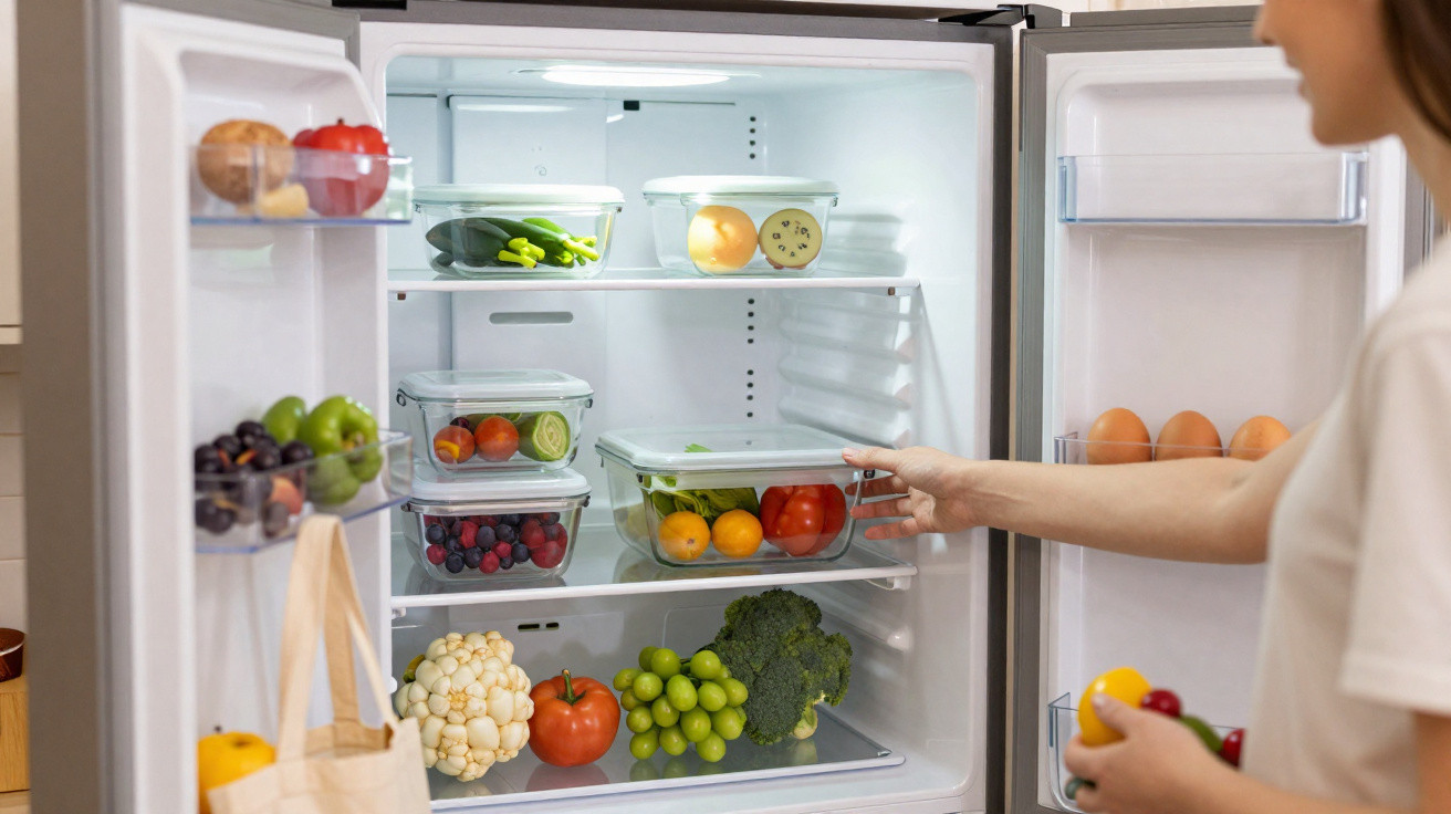 Frigorífico aberto com legumes, frutos e ovos organizados em recipientes transparentes e prateleiras.