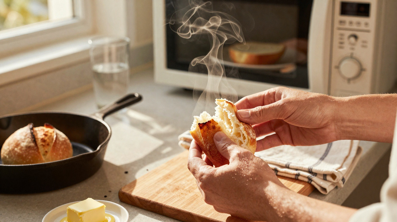 Mãos a partir pão quente a sair vapor numa cozinha com frigideira, micro-ondas e manteiga.