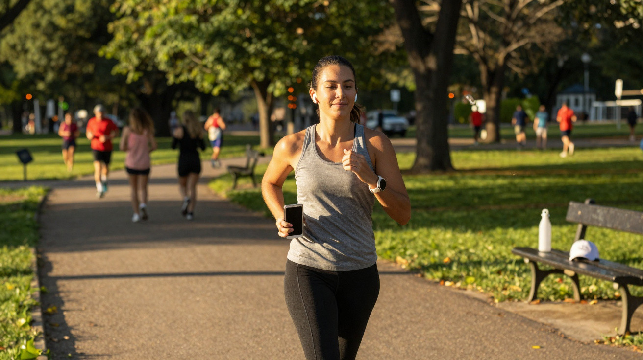 Mulher a correr num parque ensolarado, segurando telemóvel e usando roupa desportiva cinzenta e preta.