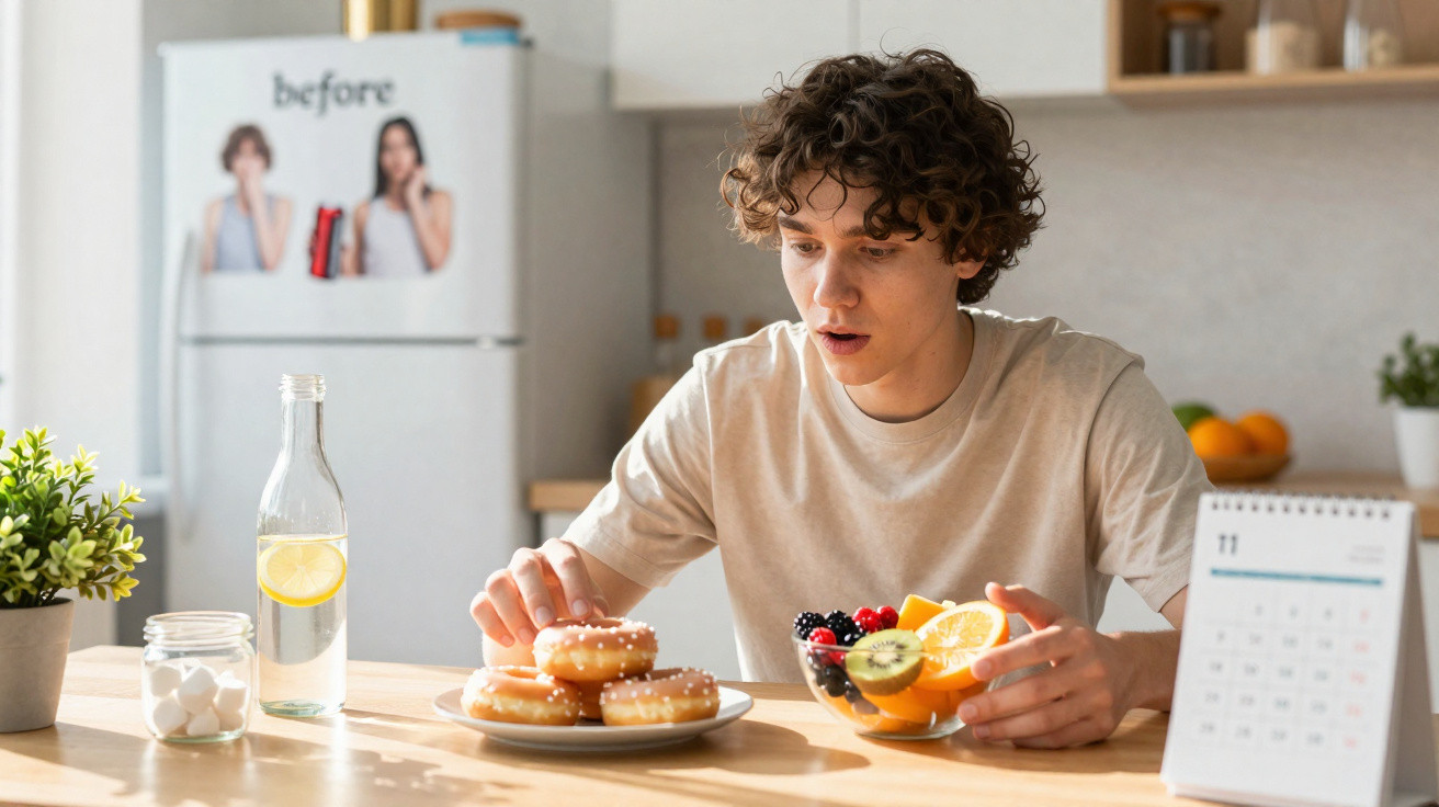 Jovem sentado à mesa, a escolher entre donuts e uma tigela de frutas frescas na cozinha.