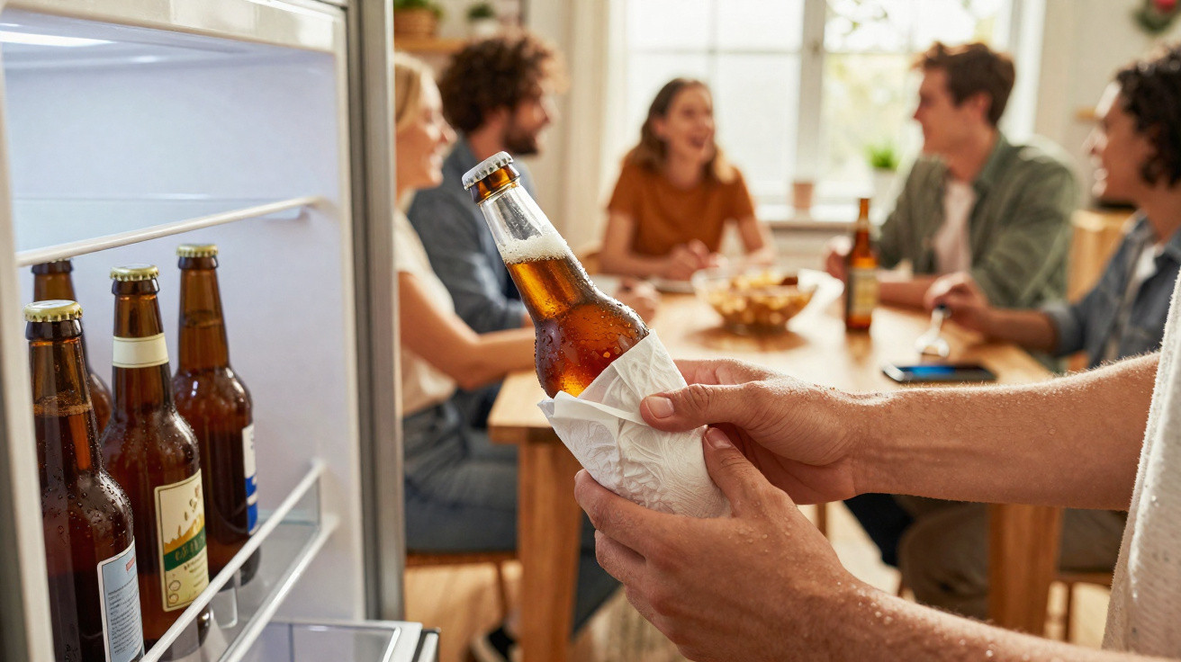 Pessoa a tirar cerveja gelada do frigorífico enquanto grupo de amigos conversa à mesa ao fundo.