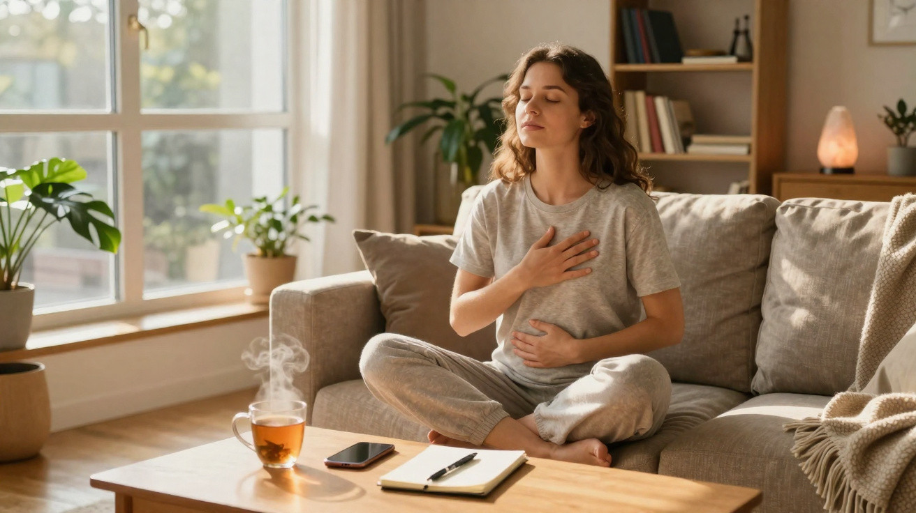 Mulher sentada no sofá em posição de meditação com as mãos no peito e abdómen, respirando fundo.