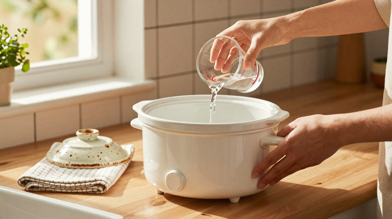 Mãos a verter líquido para panela elétrica branca numa cozinha com bancada de madeira e janela iluminada.