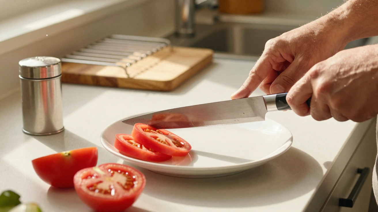 Mãos a cortar tomate em rodelas sobre um prato branco numa bancada de cozinha branca.