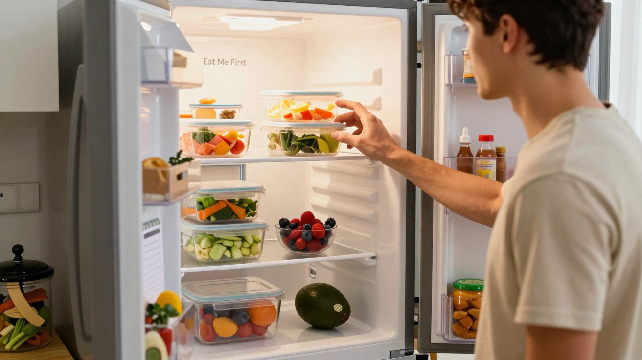 Pessoa de camisa branca a colocar ou retirar recipiente com frutas do frigorífico cheio de recipientes com alimentos saudávei