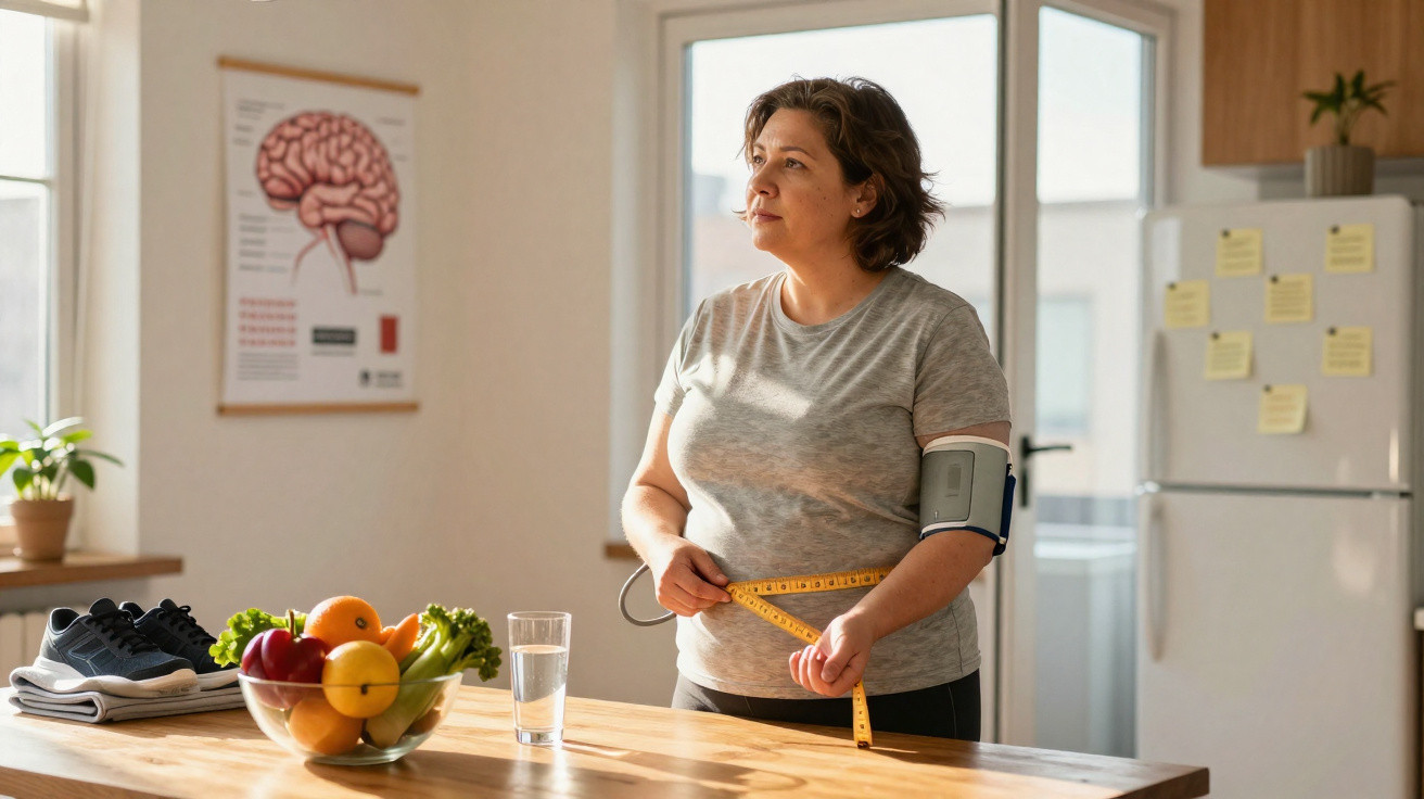 Mulher a medir a cintura com fita métrica numa cozinha, com frutas e equipamento de exercício na mesa.