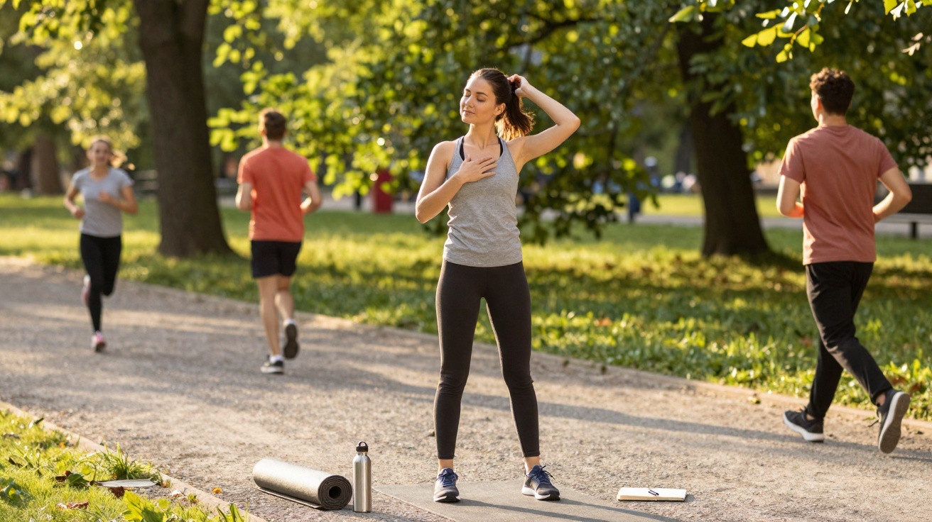 Mulher jovem a alongar-se em parque, com amigos a correr ao fundo num dia ensolarado.