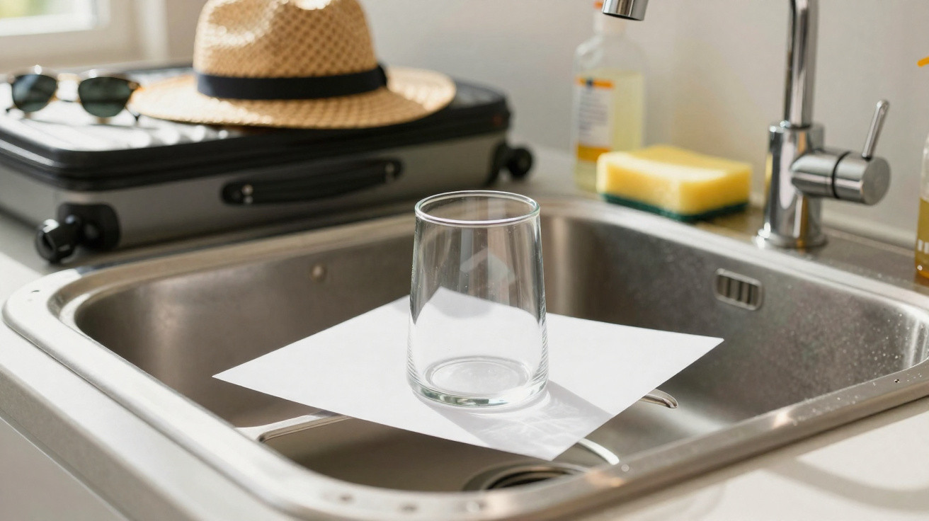 Copo transparente virado para baixo sobre papel branco numa pia de cozinha com chapéu, mala e óculos ao fundo.
