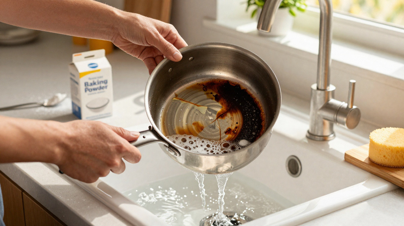 Mãos a despejar água de panela suja na pia da cozinha, com bicarbonato de sódio ao fundo.