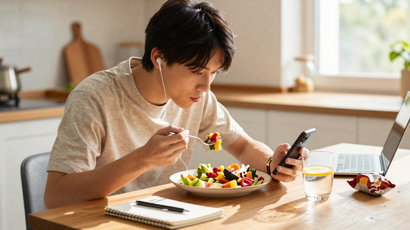 Jovem a comer salada enquanto usa telemóvel, com computador portátil, caderno e copo de água numa mesa.