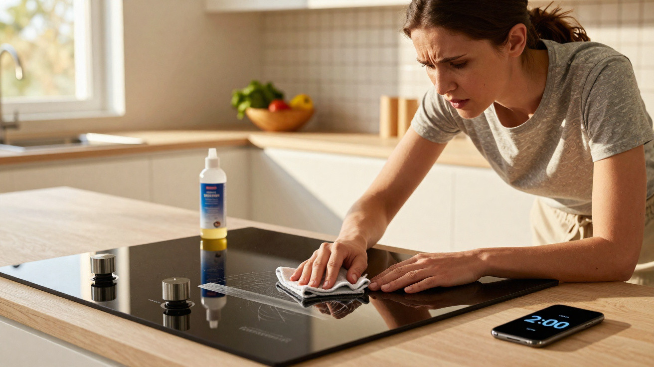 Mulher a limpar vitrocerâmica riscada numa cozinha moderna, com telemóvel ao lado.