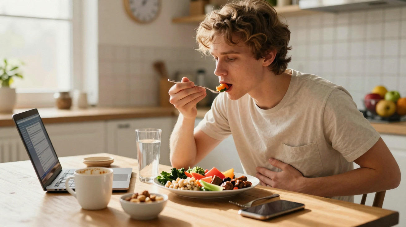 Jovem a comer uma refeição saudável no almoço, sentado à mesa com computador portátil e telemóvel à frente.