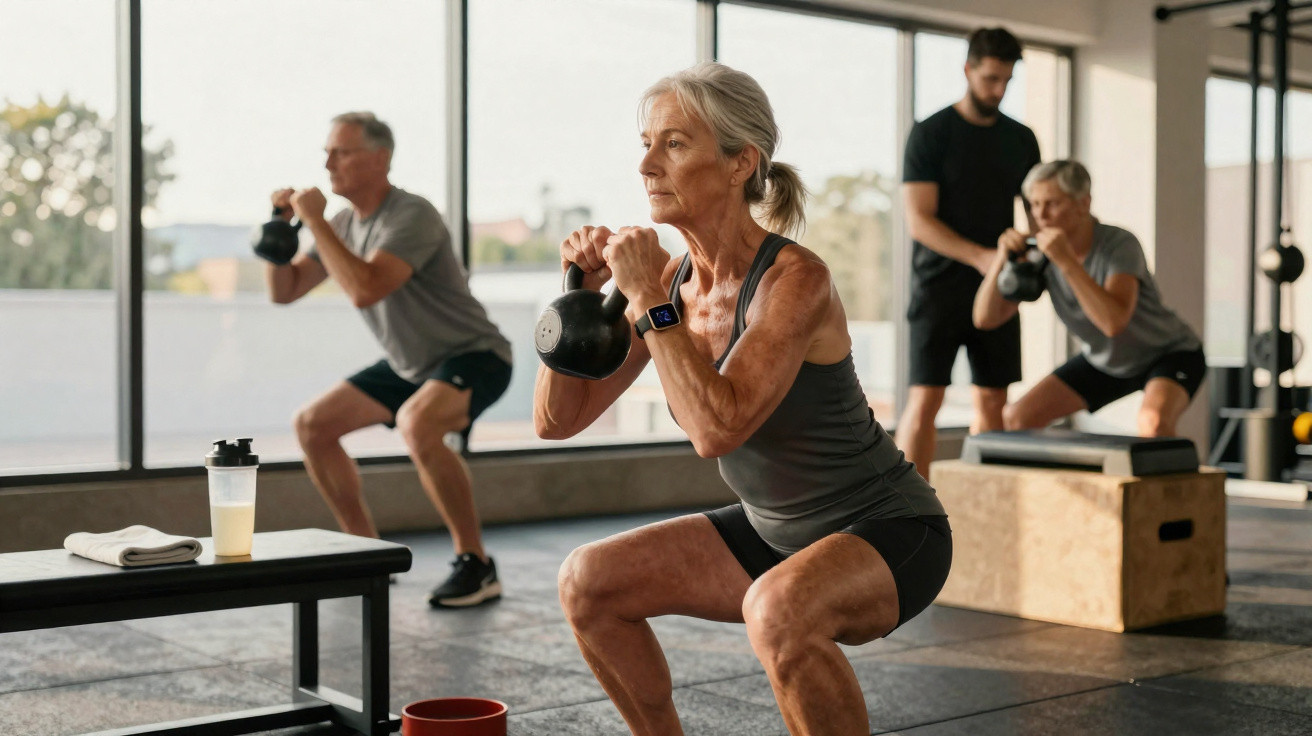 Grupo de idosos a fazer agachamentos com kettlebell numa aula de fitness interior.