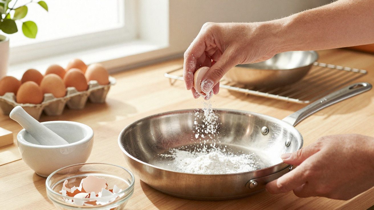 Mãos a polvilhar farinha numa frigideira de inox numa bancada de cozinha com ovos e utensílios.