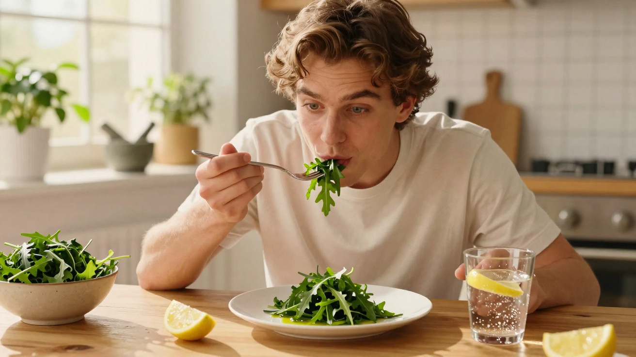 Homem jovem a comer salada de folhas verdes na cozinha, com copo de água e limão à frente.