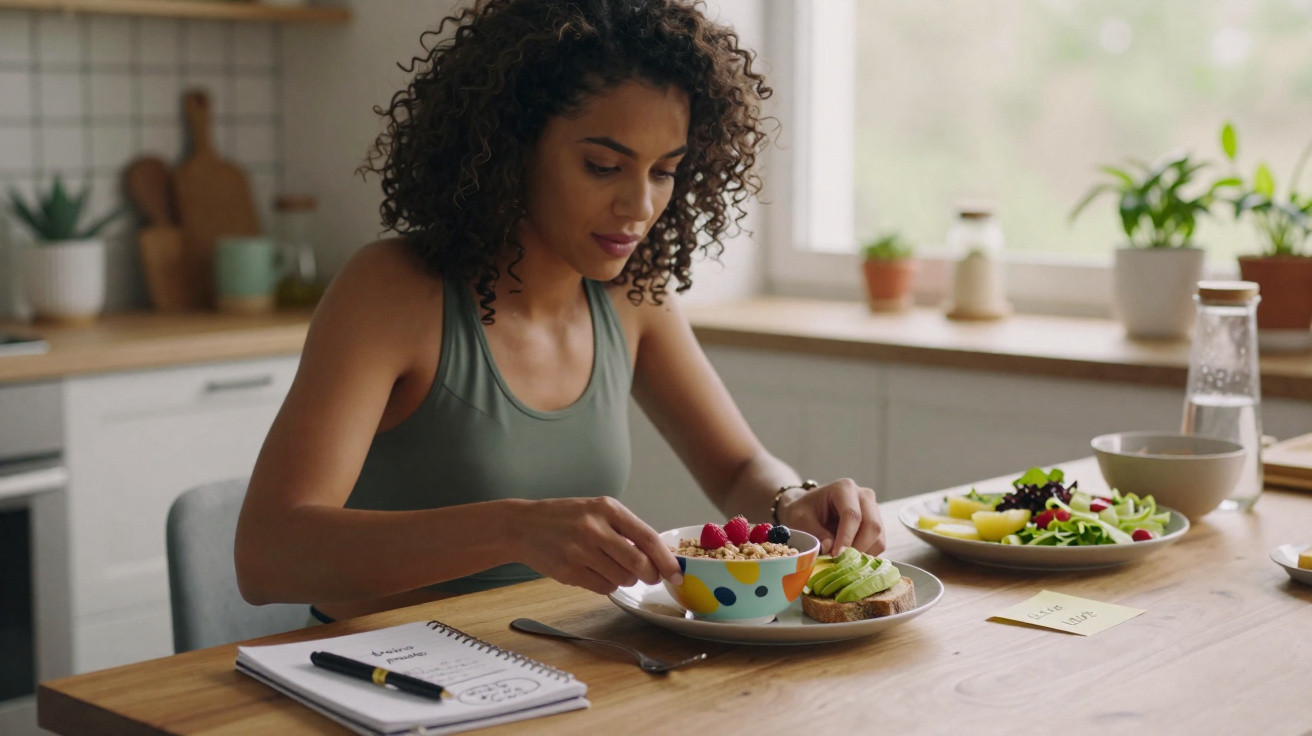 Mulher sentada à mesa na cozinha, a preparar uma taça de iogurte com frutas e sementes num pequeno-almoço saudável.