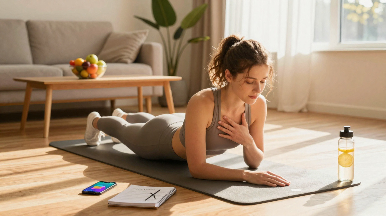 Mulher a fazer prancha em tapete de yoga em casa, com garrafa de água, bloco de notas e telemóvel ao lado.