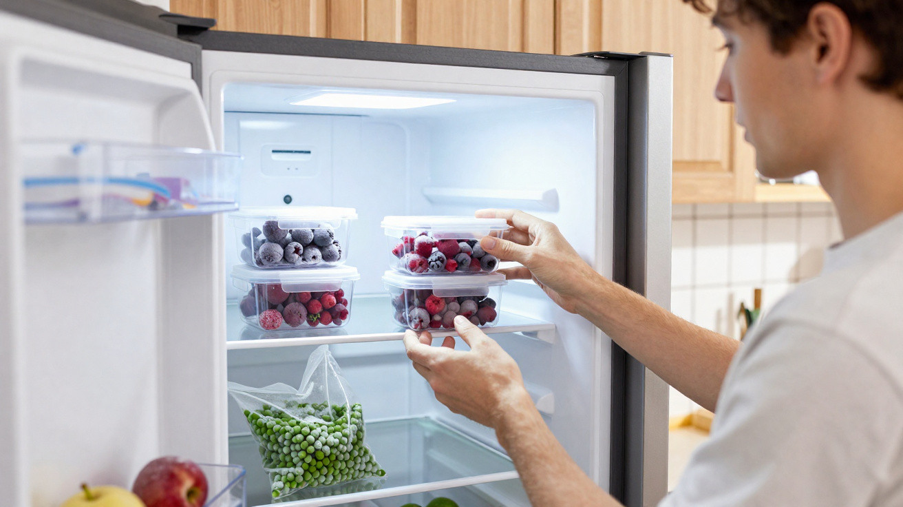 Pessoa a guardar recipientes com frutos vermelhos num frigorífico aberto, com legumes congelados na prateleira inferior.