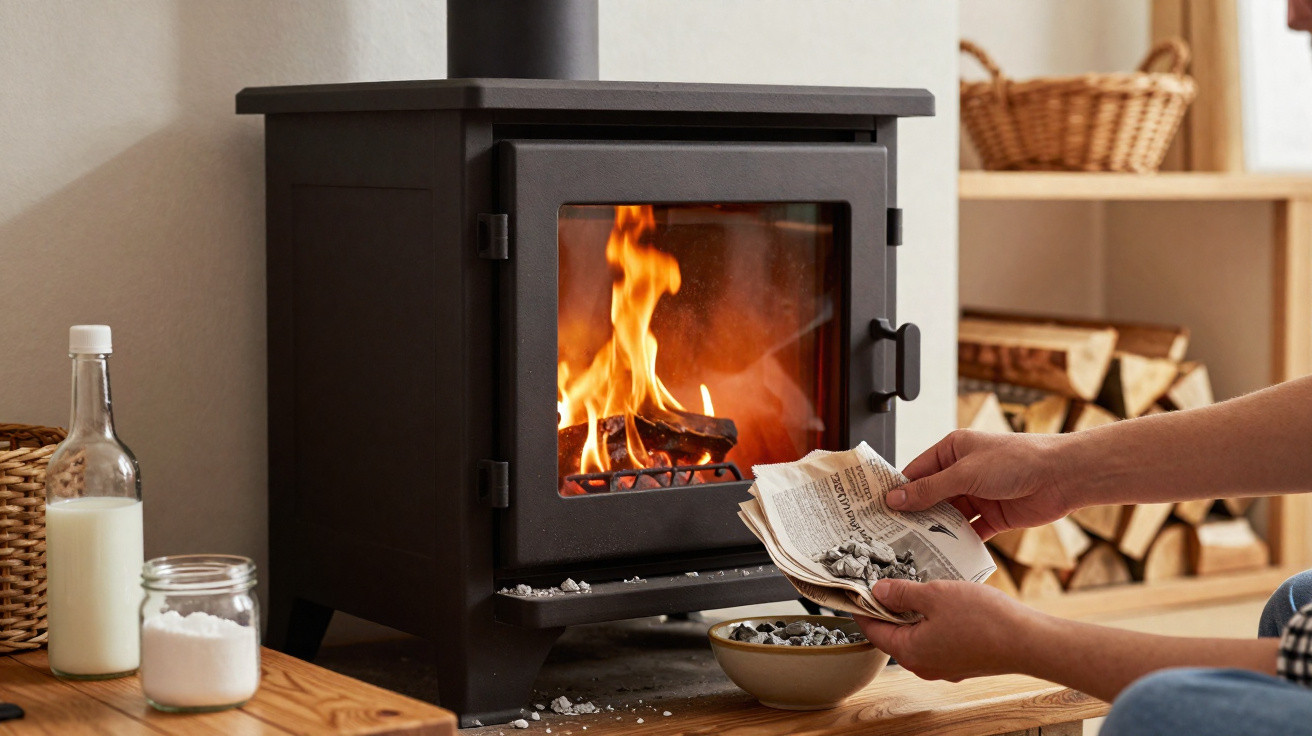 Pessoa a colocar papel para acender fogo numa salamandra preta acesa numa sala com leite e lenha.