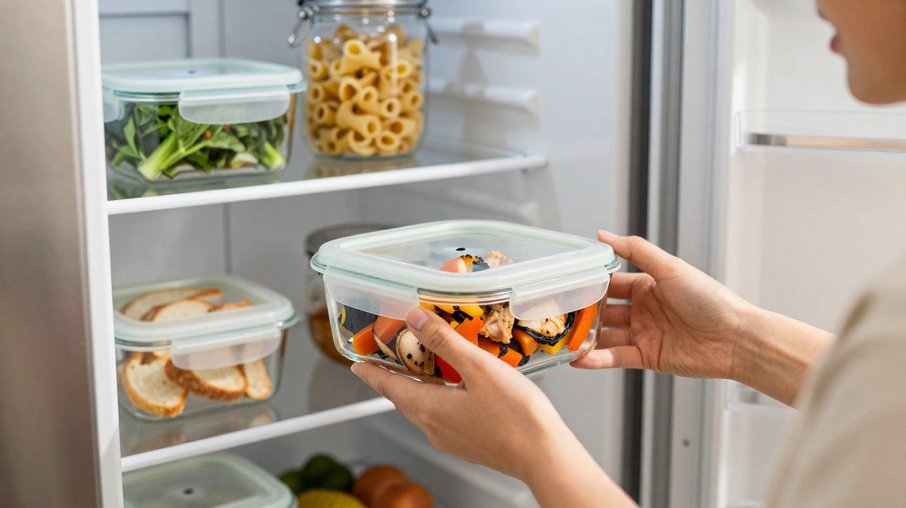 Pessoa a guardar recipiente de vidro com legumes no frigorífico organizado com alimentos variados.