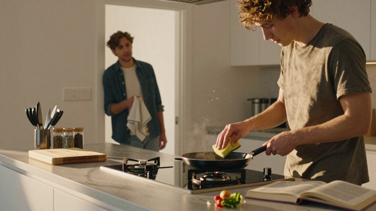 Dois homens jovens na cozinha, um a cozinhar e outro a entrar com um pano na mão.