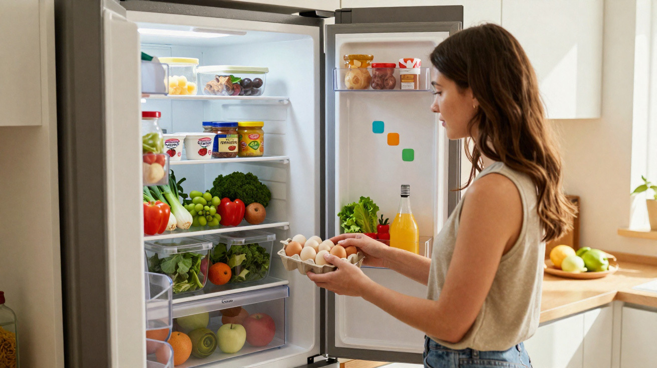 Mulher a guardar ovos frescos no frigorífico cheio de frutas e legumes numa cozinha moderna.