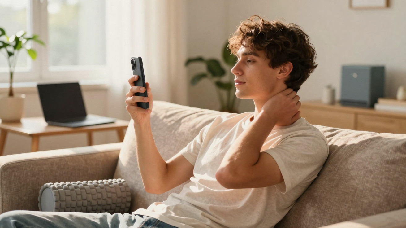 Jovem sentado no sofá a olhar para o telemóvel, num ambiente doméstico iluminado e confortável.