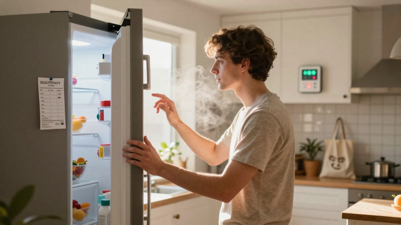 Jovem abre frigorífico na cozinha com vapor visível a sair do aparelho.