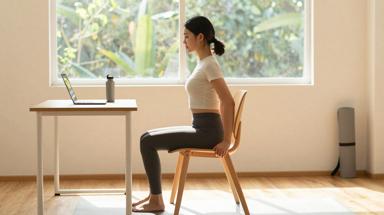 Mulher sentada com postura correta numa cadeira, fazendo exercício de alongamento junto a uma mesa com portátil.