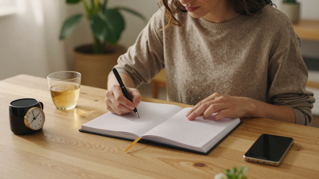Pessoa a escrever num caderno numa mesa de madeira com um relógio, copo de chá e telemóvel ao lado.