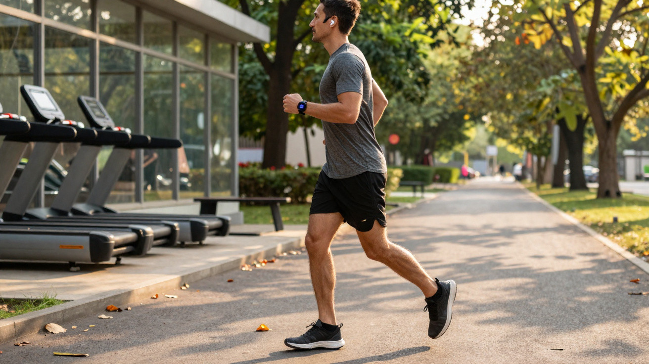 Homem a correr ao ar livre perto de uma academia com passadeiras e árvores ao fundo.