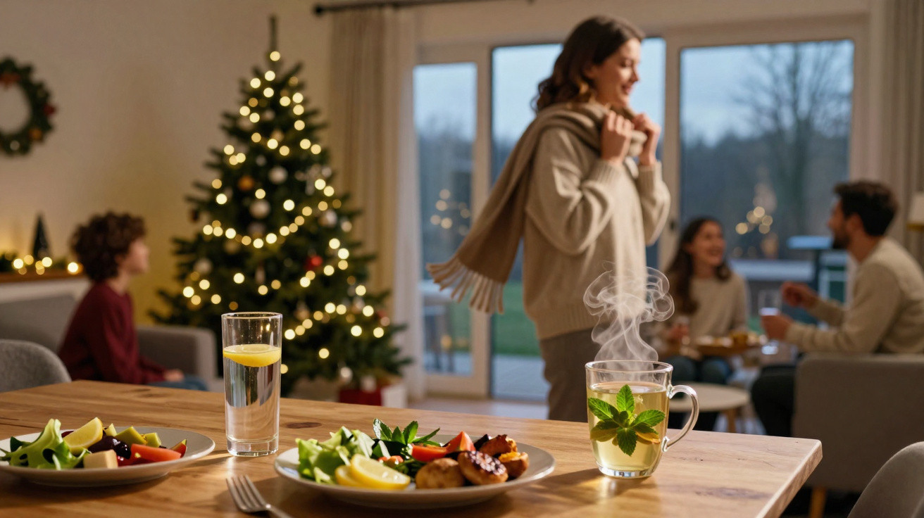Mesa com comida e chá quente, pessoas conversam perto de árvore de Natal decorada numa sala acolhedora.