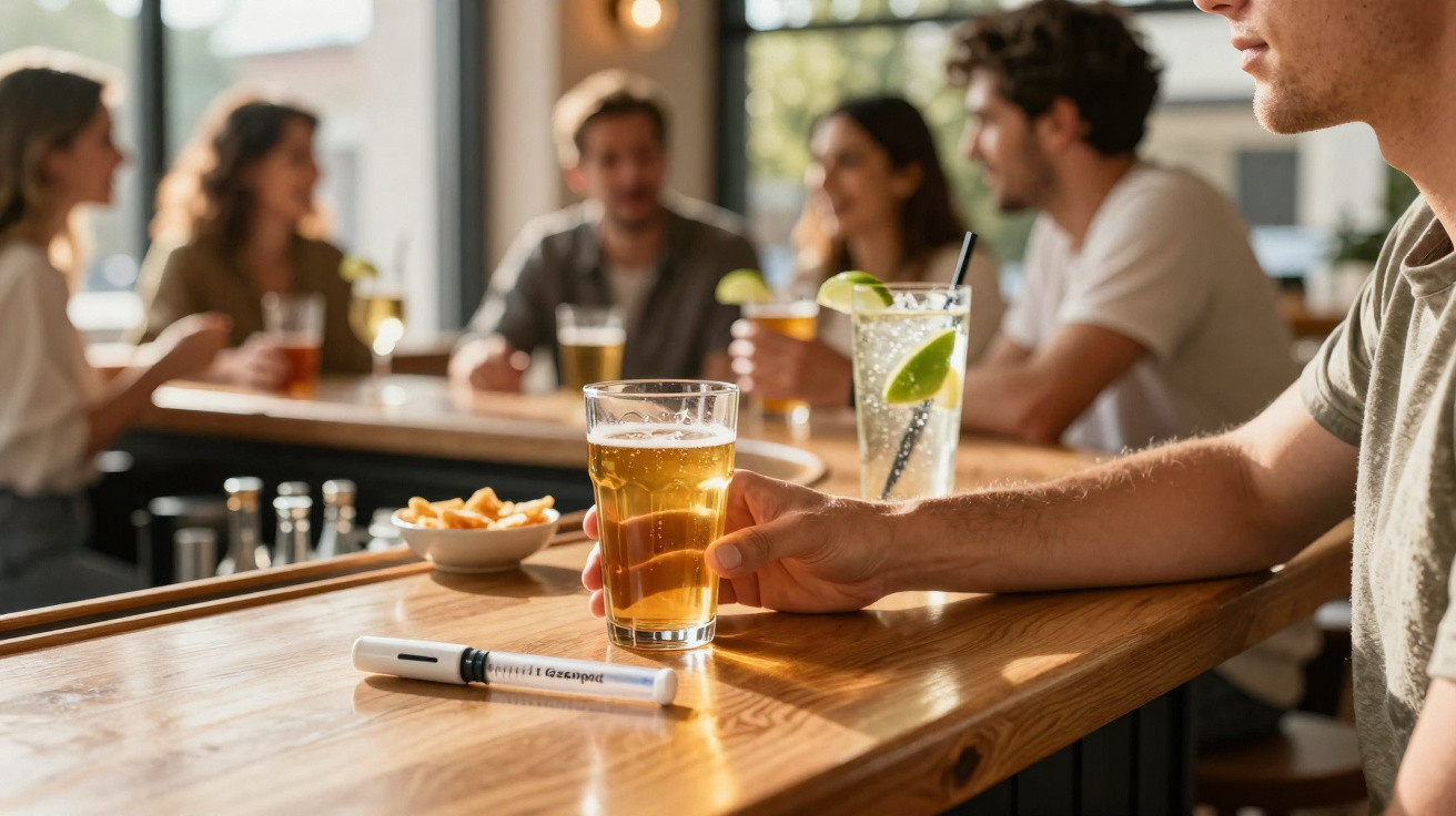 Homem com bebida num copo de cerveja num bar com grupo de pessoas ao fundo a conversar.