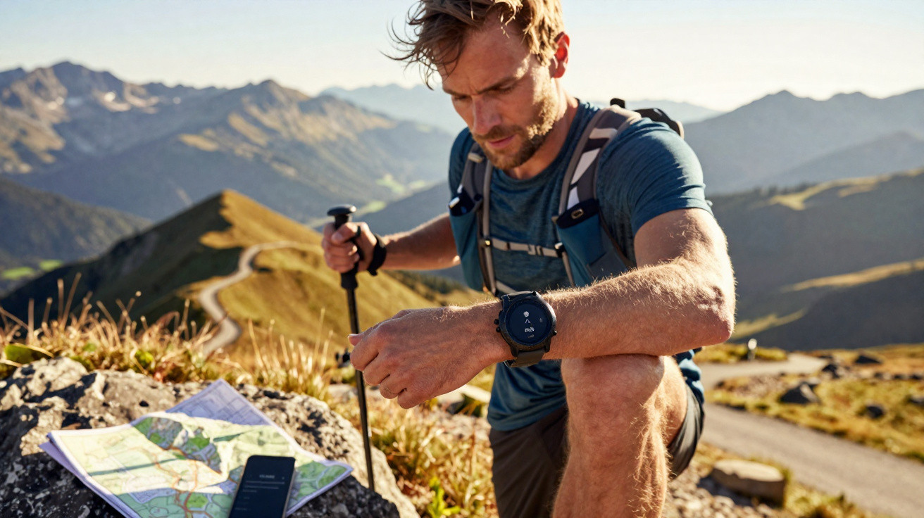 Homem a fazer caminhada nas montanhas, consultando mapa e relógio inteligente, com paisagem montanhosa ao fundo.