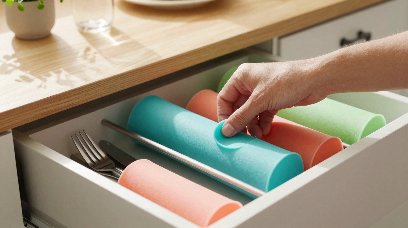 Mão a fechar película reutilizável colorida num gaveta com talheres numa cozinha moderna.