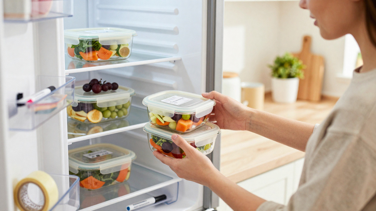 Pessoa a guardar recipientes de plástico com frutas e legumes no frigorífico numa cozinha.