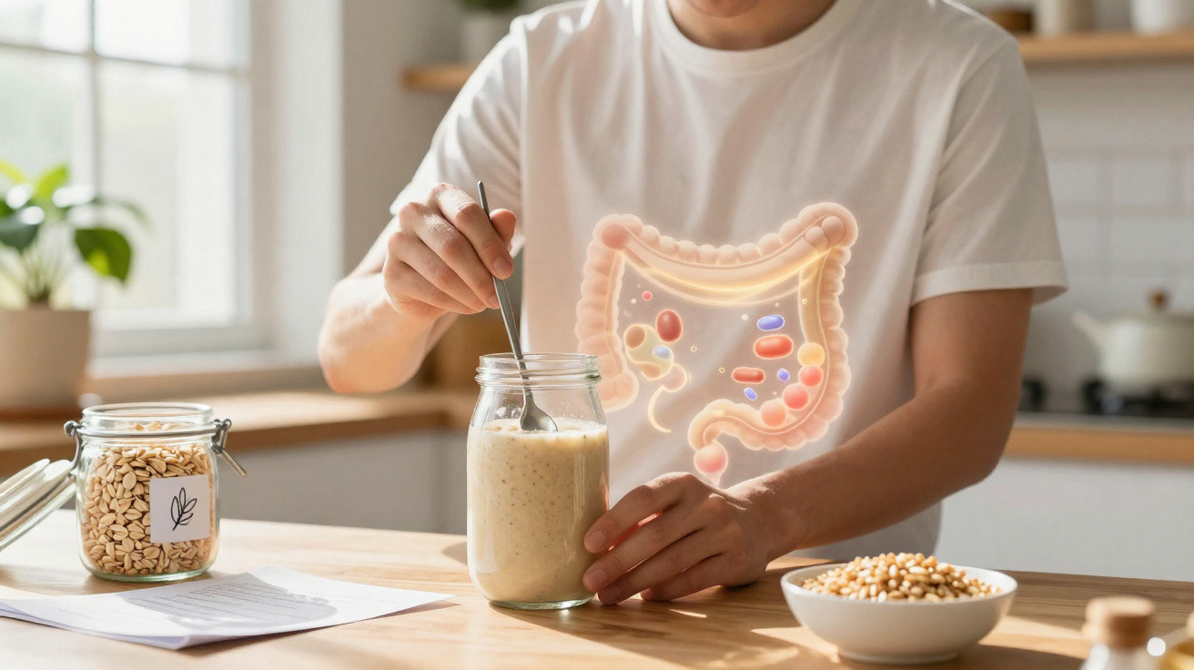 Pessoa a mexer batido saudável numa jarra, com ilustração digital de intestino visível no corpo.