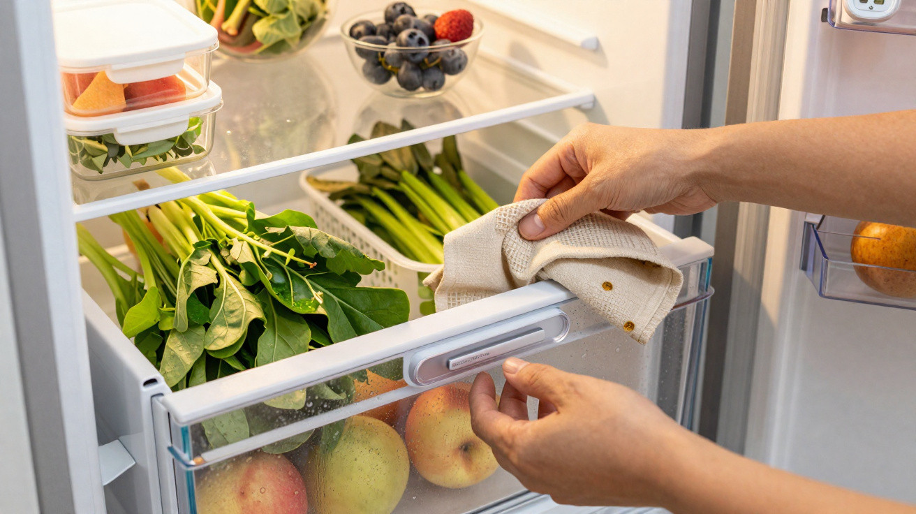 Mãos a limpar o interior de um frigorífico com verduras, frutas e legumes organizados.