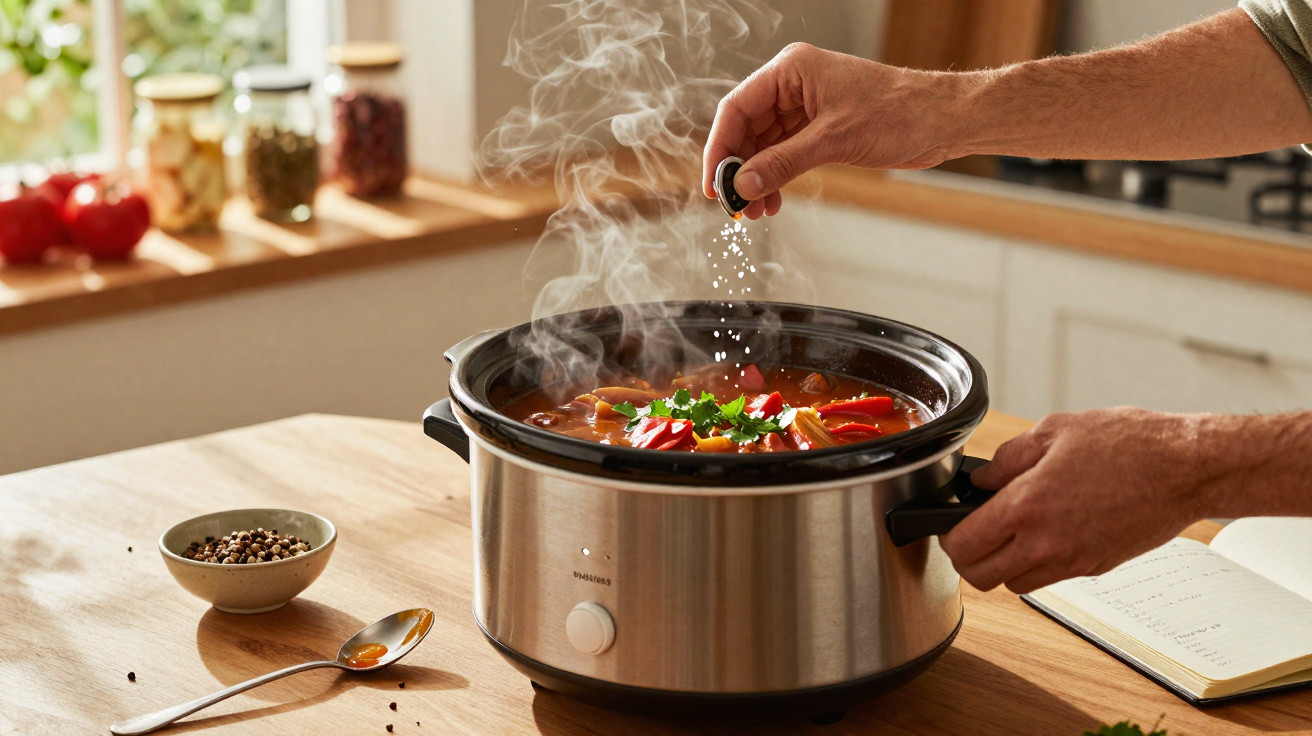 Mãos temperando sopa a ferver numa panela elétrica numa cozinha iluminada com janela ao fundo.