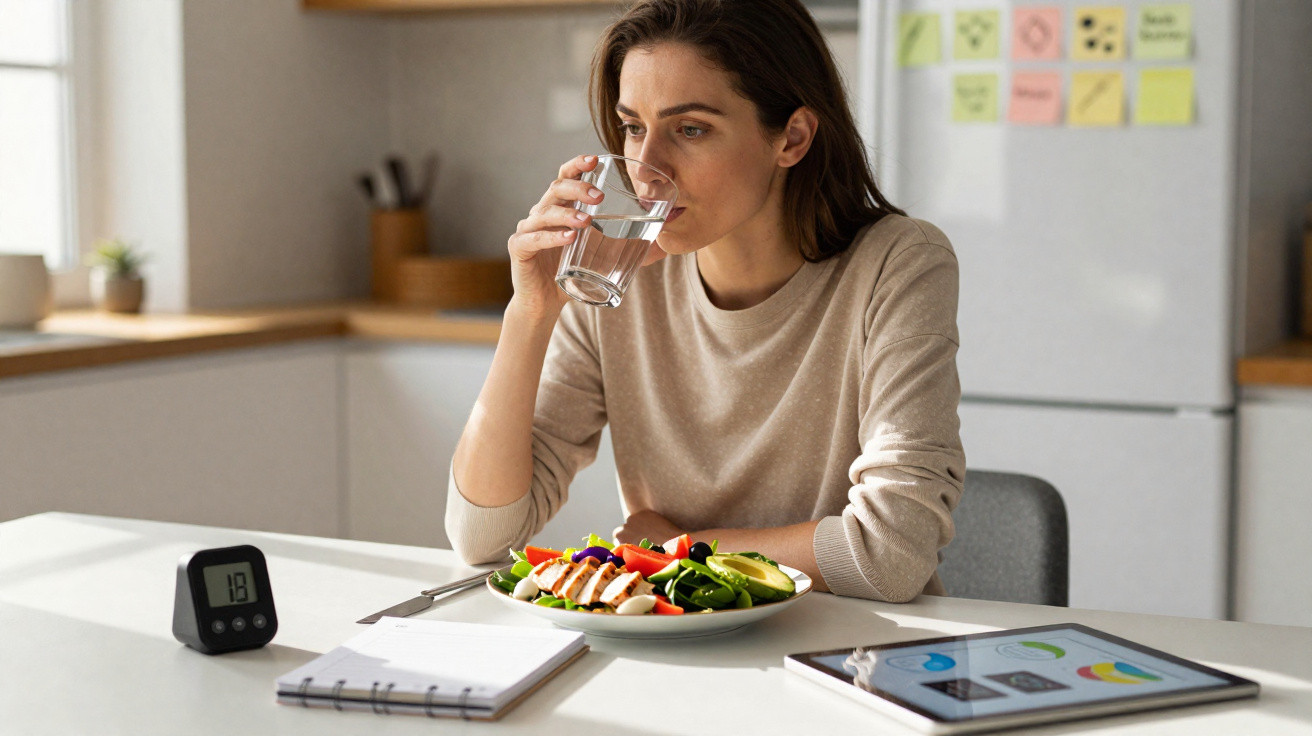 Mulher a beber água e a comer salada na cozinha, com tablet e bloco de notas na mesa.