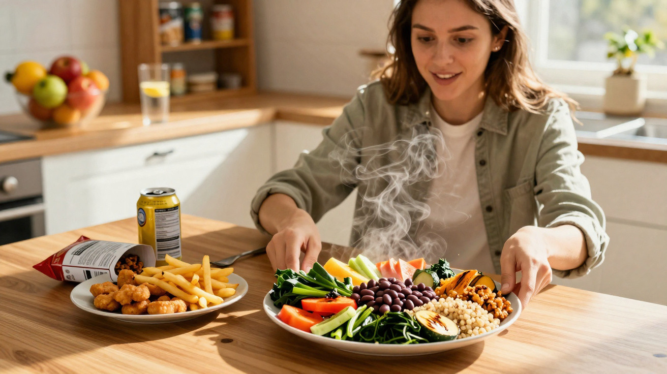 Jovem sentada à mesa de cozinha com prato de legumes e arroz a fumegar e salgadinhos com batatas fritas.