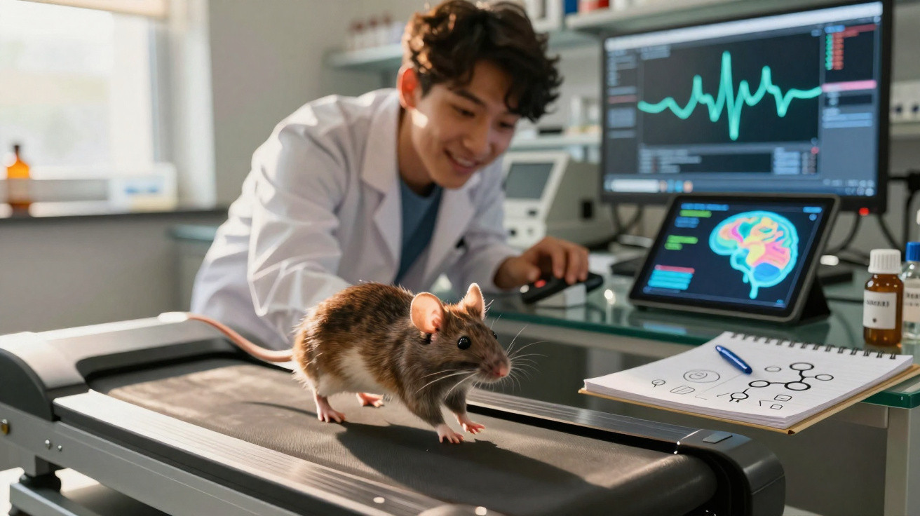 Investigador observa rato em laboratório com monitores a mostrar dados cerebrais e eletrocardiograma ao fundo.