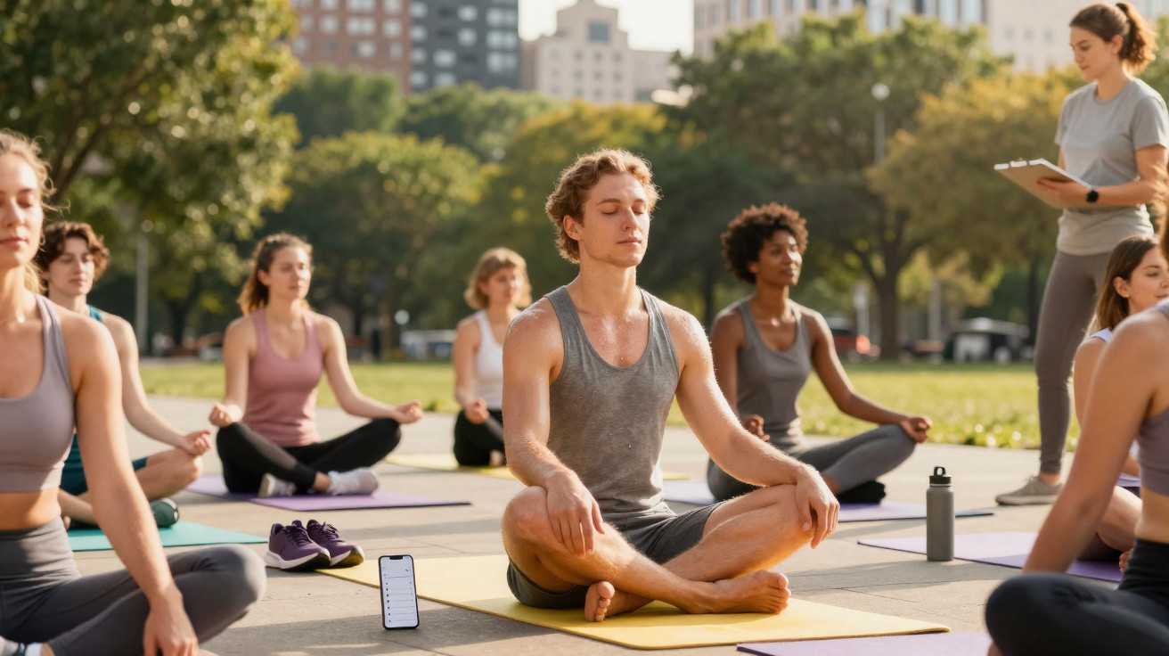 Grupo de pessoas a praticar meditação ao ar livre num parque urbano ensolarado.