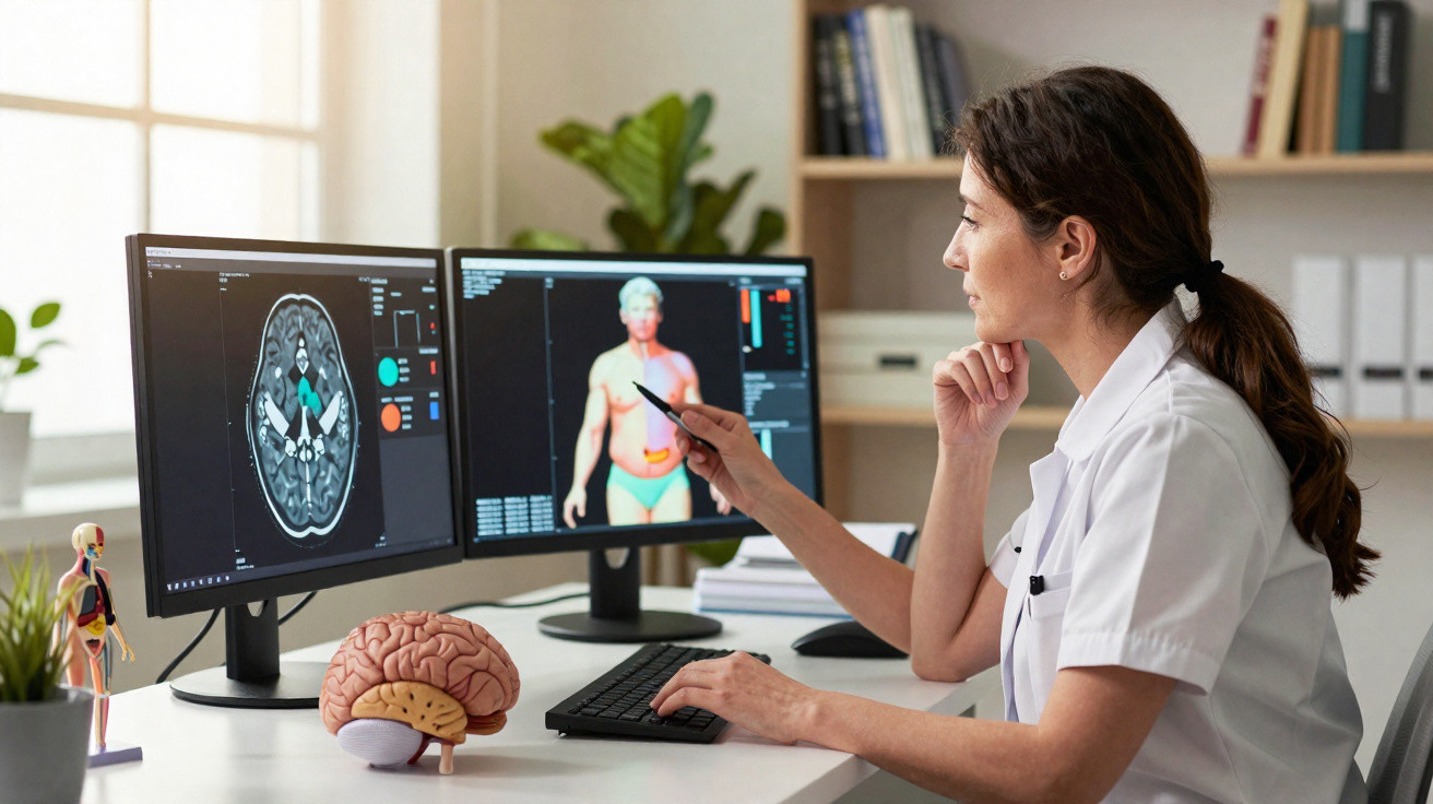 Médica numa sala a analisar imagens digitais do cérebro e corpo humano em dois monitores de computador.