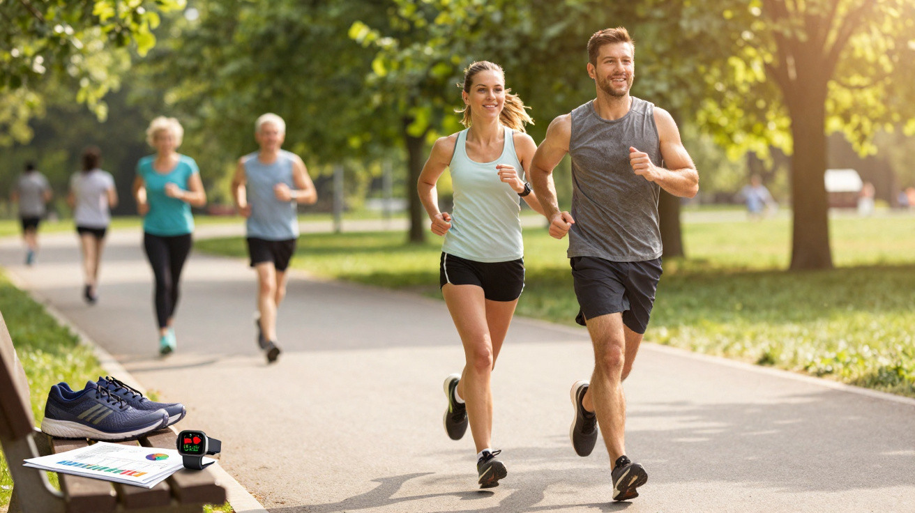Casal a correr num parque ensolarado com outras pessoas a praticar exercício ao fundo.