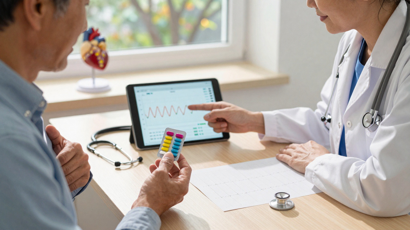 Médica aponta para gráfico num tablet enquanto paciente segura blister de comprimidos numa consulta.